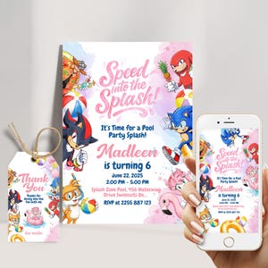 Faire-part de fête à la piscine Sonic le hérisson - Invitation d'anniversaire Sonic modifiable pour les filles, modèle numérique de fête d'été à téléchargement immédiat
