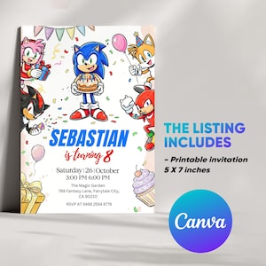 K&ouml;nnte beinhalten: Eine farbenfrohe Geburtstagseinladung mit Sonic the Hedgehog und Freunden. Die Einladung enth&auml;lt den Text "Sebastian wird 8" und Veranstaltungsdetails. Das Angebot beinhaltet eine druckbare Einladung, 12,7 x 17,8 cm.