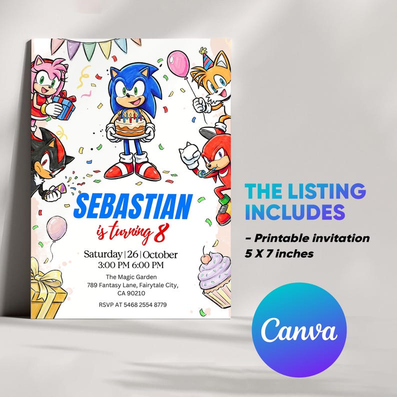 K&ouml;nnte beinhalten: Eine farbenfrohe Geburtstagseinladung mit Sonic the Hedgehog und Freunden. Die Einladung enth&auml;lt den Text "Sebastian wird 8" und Veranstaltungsdetails. Das Angebot beinhaltet eine druckbare Einladung, 12,7 x 17,8 cm.