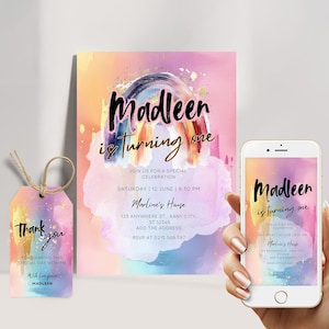 Rainbow Birthday Invitation for Girls, Gold Stars Modern/Boho Rainbow, Fun Girls Birthday Invitation Template, Editable Printable Download