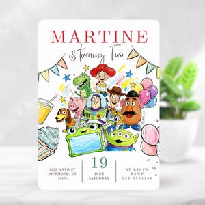 May include: A rectangular birthday invitation card featuring a colorful illustration of cartoon characters, balloons, and a cupcake. The text reads MARTINE is turning Two, 19 June Saturday, 3219 Mayo St Richmond, KY 40475, and At 3:30 PM RSVP 123 5551230.