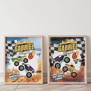 Monster Truck Birthday Gifts Sign and Food & Drinks Sign - Monster Truck Birthday Party Decorations Canva Template - Digital Download EPD01
