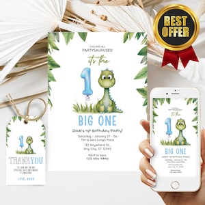 Eerste verjaardagsjongen dinosaurusuitnodiging, de grote uitnodiging met een GRATIS bedanktag en mobiele uitnodiging