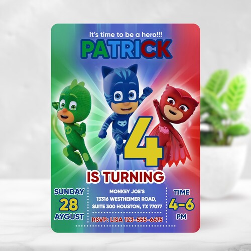 Printable Birthday Invitation Pj Party Birthday Mask Invite Etsy