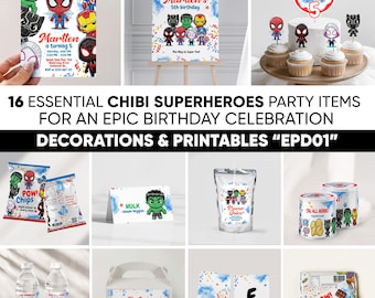 Chibi Superhero Birthday Decoration bundle - Editable Boys Party Decoration Template (Digital Files) EPD05
