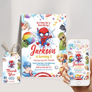 The Avengers Pool Party-Einladung | Spider-Man & Groot Sommer Splash Einladen für Kinder | Bearbeitbarer digitaler Download + Danke-Tag