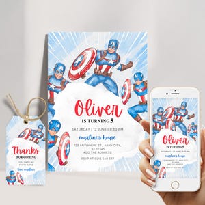 Convite de aniversário do Capitão América editável Canva Template, convite do Capitão América download instantâneo digital, convite de super-heróis dos Vingadores