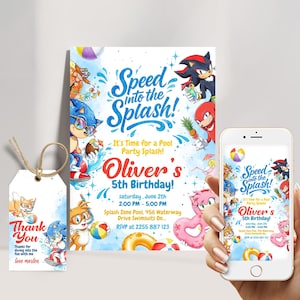 Convite de aniversário para festa na piscina do Sonic – Convite para festa de verão do Sonic the Hedgehog, download digital editável, convite instantâneo para meninos