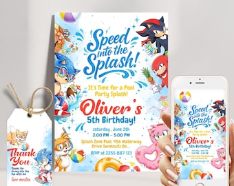 Sonic Pool Party Birthday Invitation – Sonic the Hedgehog Summer Party Invite, Editable Digital Download, Instant Invitation for Boys
