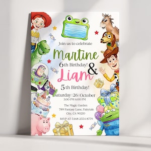 May include: A birthday invitation card featuring cartoon characters including a cowgirl, a green dinosaur, a space ranger, a pig, a horse, a dog, a cowboy, and an alien. The text reads: Join us to celebrate Martine 6th Birthday! & Liam 5th Birthday! Saturday 26 October 3:00 PM 6:00 PM The Magic Garden 789 Fantasy Lane, Fairytale City, CA 90210 RSVP AT 5468 2554 8779.