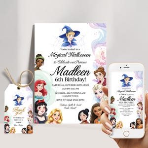 Convite de aniversário de todas as princesas com tema de Halloween, modelo editável, convite digital para princesa, cartão de convite de Halloween para download instantâneo