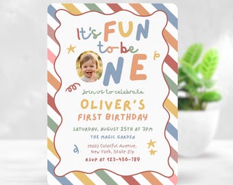 First Birthday Invitation with Photo, Fun to Be One Birthday Invite, Colorful Retro 1st Birthday Party Invitation, Modern Striped Design