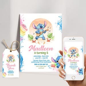 Invitation fête d'anniversaire à la piscine au point aquarelle pour filles avec étiquettes de remerciement et invitation pour téléphone | Modèle de toile d'anniversaire de plage d'été à téléchargement immédiat