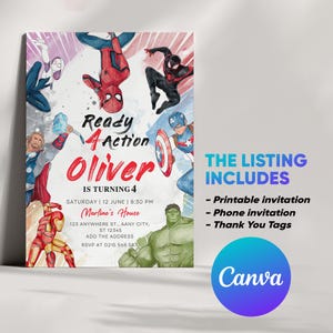 K&ouml;nnte beinhalten: Eine farbenfrohe Einladung zu einer Superhelden-Geburtstagsparty. Die Einladung zeigt einen Aquarellhintergrund mit Bildern beliebter Superhelden, darunter Spider-Man, Captain America, Hulk, Iron Man und Thor. Der Text auf der Einladung lautet "Ready 4 Action Oliver is turning 4" und enth&auml;lt das Datum, die Uhrzeit und den Ort der Party.