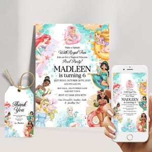 All Princesses Pool Party Birthday Invitation Editable Template, Girl Summer Birthday Invite, Instant Download Digital Invitation
