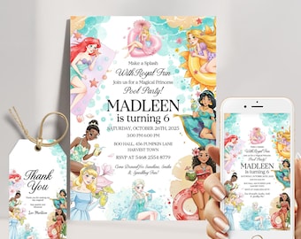 All Princesses Pool Party Birthday Invitation Editable Template, Girl Summer Birthday Invite, Instant Download Digital Invitation