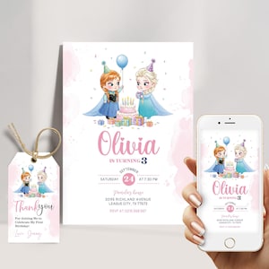 Puede incluir: Una invitación de cumpleaños y una etiqueta a juego con ilustraciones de dos personajes de dibujos animados, una tarta y el nombre "Olivia". La invitación incluye el texto "Olivia cumple 3 años" y los detalles de la fiesta. Un smartphone muestra el mismo diseño.
