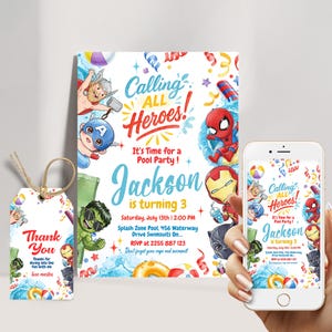 Mit dem Namen Alle Helden Pool-Party Einladung | Chibi Avengers Sommer Geburtstagseinladung mit Spider-Man & Friends | Bearbeitbarer digitaler Download