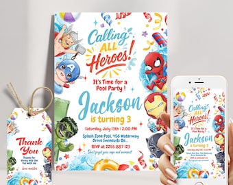 Avengers Pool Party Invitation: Chibi Superhero Birthday (Digital Download)