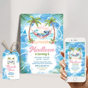 Invitation fête d'anniversaire à la piscine au point aquarelle pour filles avec étiquettes de remerciement et invitation pour téléphone | Modèle de toile d'anniversaire de plage d'été à téléchargement immédiat