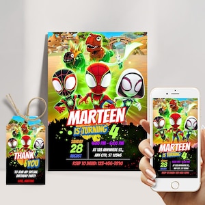 May include: A colorful birthday party invitation featuring a group of cartoon superheroes, including Spider-Man, Spider-Gwen, and Miles Morales. The invitation is for a boy named Marteen who is turning four. The invitation includes the date, time, and location of the party. RSVP to David: 123-456-7890.