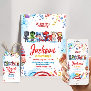 Invitación para fiesta en la piscina de los Vengadores Chibi / Invitación de cumpleaños de superhéroes con chapuzón de verano con Spider-Man, Hulk e Iron Man / Descarga editable