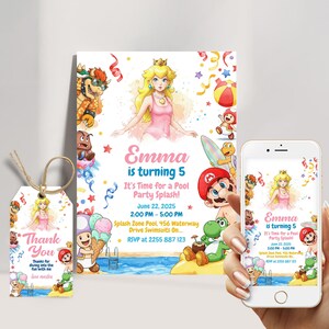 Mario und Prinzessin Peach Pool-Party Geburtstagseinladung, Super Mario Sommer-Einladung, druckbare Mario und Pfirsich-Party, Kinder-Schwimmbad einladen
