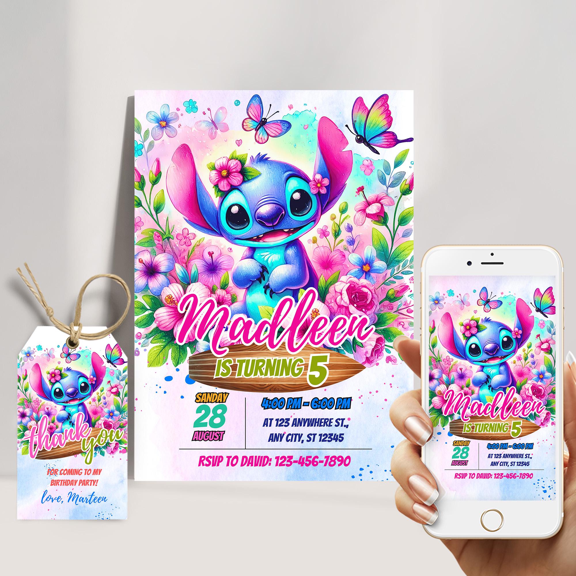 Editable Stitch Birthday Invitation Template + Tag + Mobile invitation version, Digital Kids Party Invite Template, Stitch Girls Invite