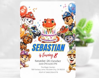Paw-Ty with dinosaurs Birthday Invitation Canva Template, Adventure Dog Birthday Invite, Editable Kids Party Invitation, 5x7 Digital Invite
