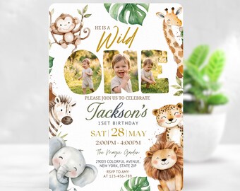 Wild One Photo Birthday Invitation, Safari First Birthday Invite, Editable Jungle Photo Invitation, Canva Template