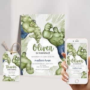 Plantilla editable de invitación de cumpleaños de Hulk, invitación de cumpleaños de Hulk y Spiderman, tarjeta de invitación para fiesta, descarga instantánea digital