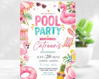 Pool Party Birthday Invitation, Flamingo Birthday Invite, Tropical Summer Pool Party, Pink Watercolor Girl Birthday Invitation