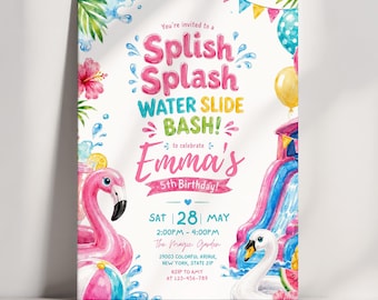 Water Slide Birthday Invitation, Splish Splash Pool Party Invite, Summer Water Birthday Party, Flamingo Birthday Invitation