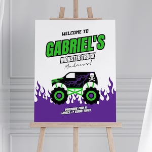 Monster Truck Birthday  Welcome Sign 16 x 20&quot; - Monster Truck Birthday Party Decorations Canva Template - Digital Download EPD02