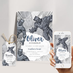 Plantilla editable de Canva para invitación de cumpleaños de Pantera Negra, descarga instantánea digital de invitación de Pantera Negra, invitación para fiesta de cumpleaños