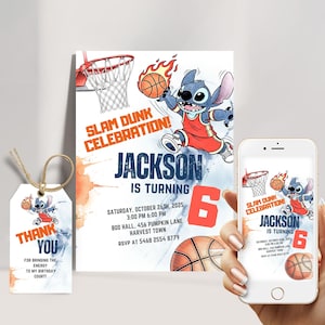Modèle modifiable d'invitation d'anniversaire de basket-ball de point | Invitation à une fête Slam Dunk pour enfants | Téléchargement numérique pour un garçon de 6 ans