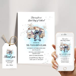 Stitch Last Day of School Invitation Template | Cute Watercolor School Bus Party Invite for Kids | Editable Digital Download