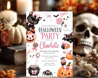 Pink Halloween Birthday Invitation, Cute Spooky Girl Party Invite, Ghost Pumpkin Cat Birthday Canva Template Editable