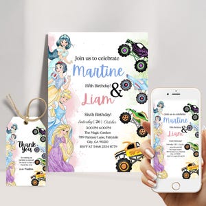 Puede incluir: Un conjunto de invitaciones de fiesta de cumpleaños y una etiqueta de agradecimiento. La invitación presenta ilustraciones de princesas, monster trucks y los nombres Martine y Liam. La etiqueta dice "Gracias" e incluye una princesa y un monster truck.