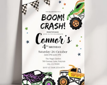 Monster Truck Birthday Invitation Editable Canva, 4th Birthday Invite, Boom Crash Party, Boys Monster Truck Invite,