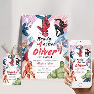 Invitation prête pour 4 actions, invitation pour le 4e anniversaire, invitation d'anniversaire prête pour quatre actions, thèmes d'anniversaire pour garçons de quatre ans téléchargement immédiat