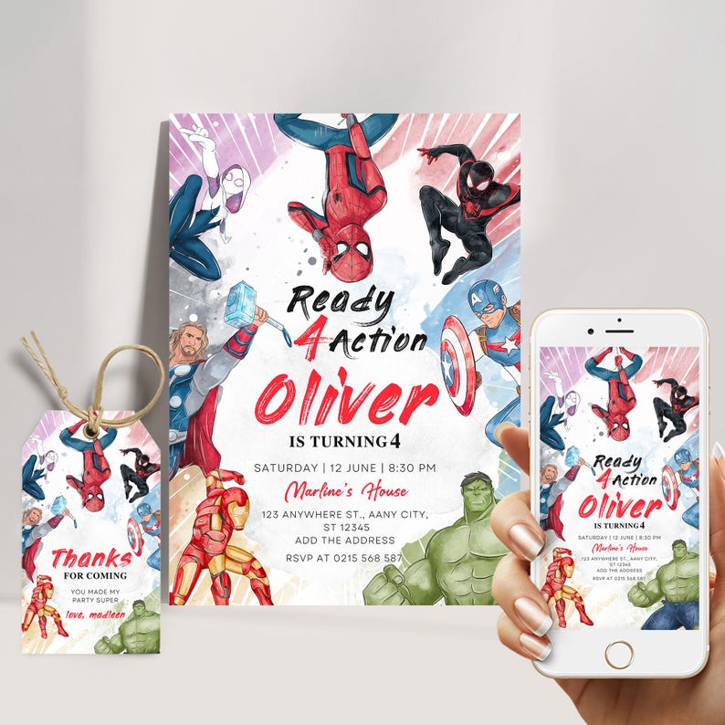 K&ouml;nnte beinhalten: Eine Superhelden-Geburtstagseinladung f&uuml;r einen Jungen, der vier Jahre alt wird. Die Einladung zeigt eine Aquarell-Illustration verschiedener Superhelden, darunter Spider-Man, Captain America und Hulk. Der Text auf der Einladung lautet "Ready 4 Action Oliver is turning 4".