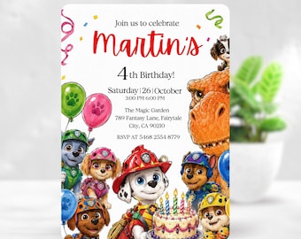 Paw-Ty with dinosaurs Birthday Invitation Canva Template, Adventure Dog Birthday Invite, Editable Kids Party Invitation, 5x7 Digital Invite