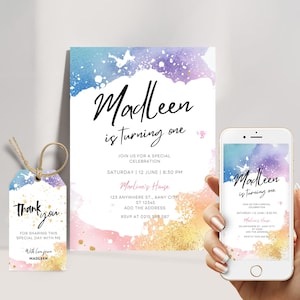 Rainbow Birthday Invitation Colorful Watercolor Gold Glitter Sprinkles Ombre Pastel Invitation 1st 2nd 3rd Birthday Editable Invite