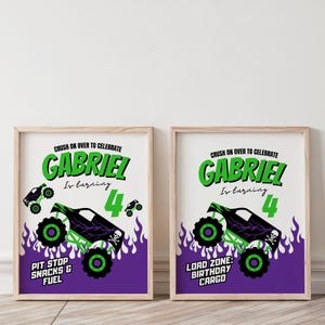 Bordje Monster Truck verjaardagscadeaus en bord eten en drinken - Monster Truck verjaardagsfeestje decoraties Canva-sjabloon - digitale download EPD02