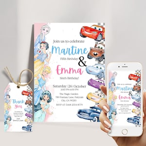 Cars and Princesses Birthday Invitation, Kids Joint Party invite Template, Digital Download & Thank You Tag, Sibling Birthday