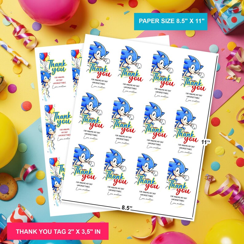 May include: Sheets of thank you tags featuring a blue cartoon hedgehog character. Each tag has the words "Thank You" and a message. The paper size is 8.5" x 11", and the individual tags are 2" x 3.5".