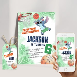 Modèle modifiable d'invitation d'anniversaire de basket-ball de point | Invitation à une fête Slam Dunk pour enfants | Téléchargement numérique pour anniversaire garçon