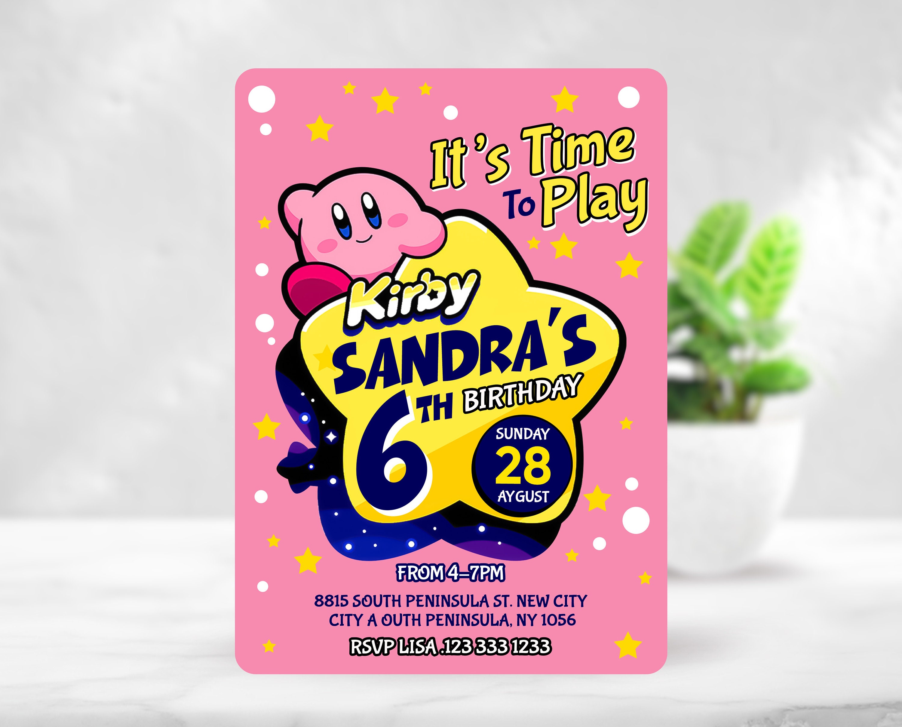 4 X 6 in Kirby Birthday Invitation Kids Digital Invitation Etsy