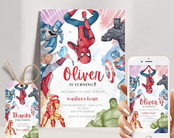 May include: A colorful invitation for a superhero themed birthday party. The invitation features a watercolor background with images of Spiderman, Iron Man, Captain America, Thor, Hulk, Batman, and Black Panther. The text on the invitation reads "Oliver is turning 5" and includes the date, time, and location of the party.